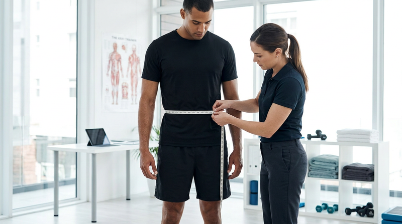Trainer measuring an athlete's waist with a tape at navel level