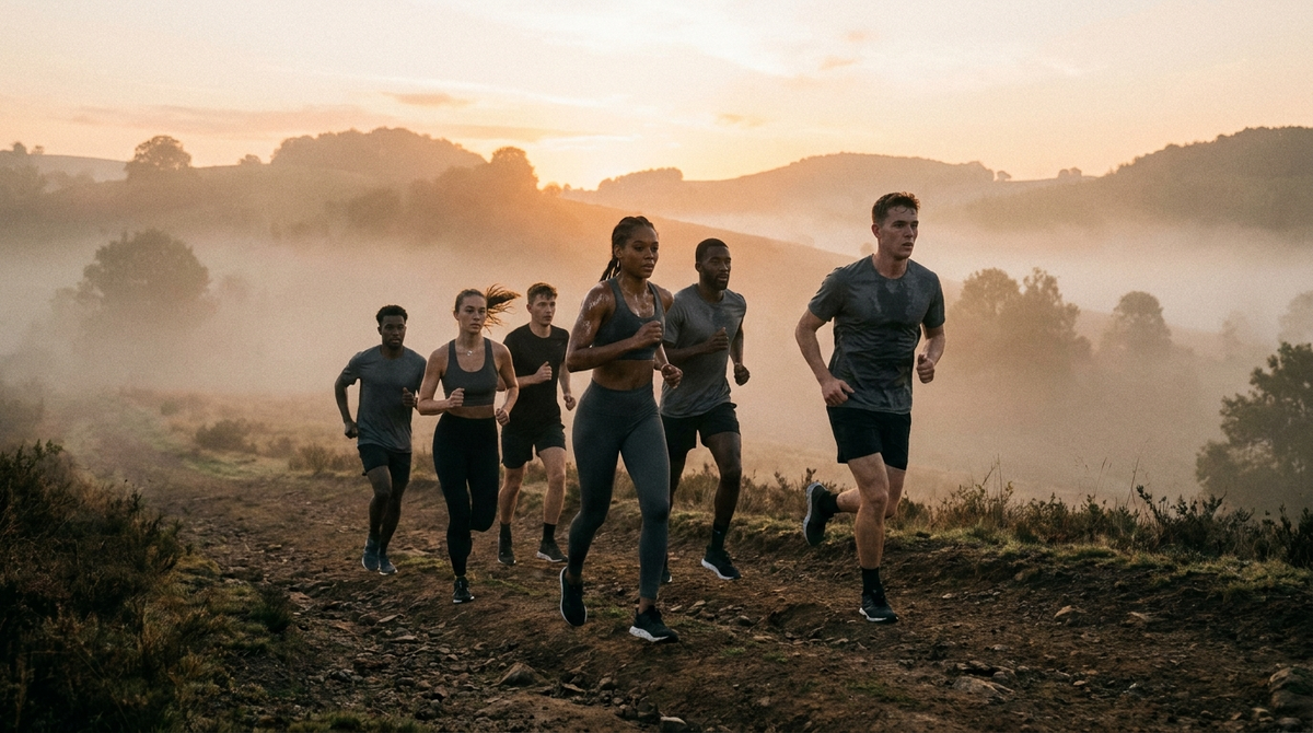 Group of athletes running a trail at dawn while preparing for Army basic training