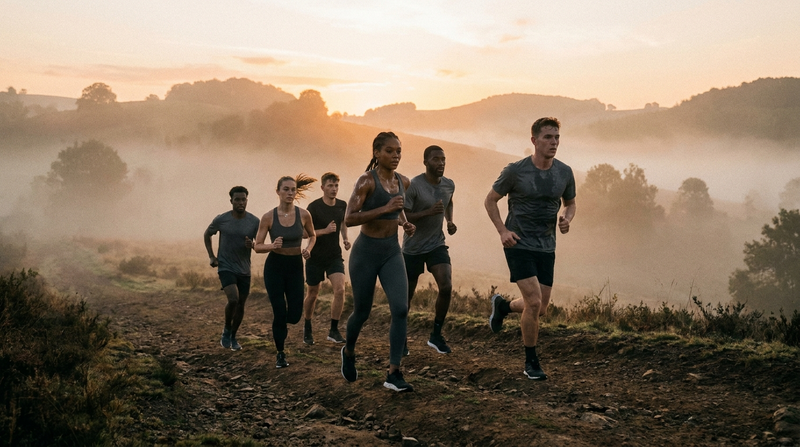 Group of athletes running a trail at dawn while preparing for Army basic training