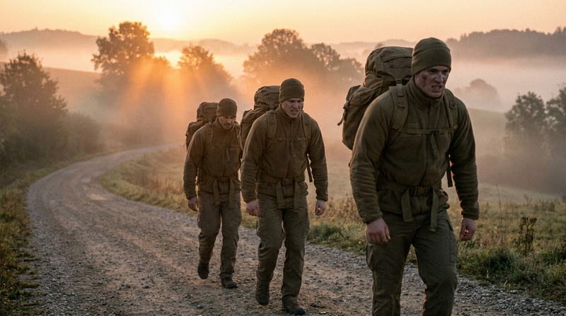 Athletes ruck marching at dawn while training for Officer Candidate School