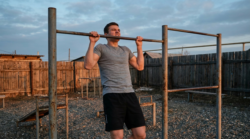Athlete performing a strict pull-up on an outdoor bar while training for the USMC Initial Strength Test