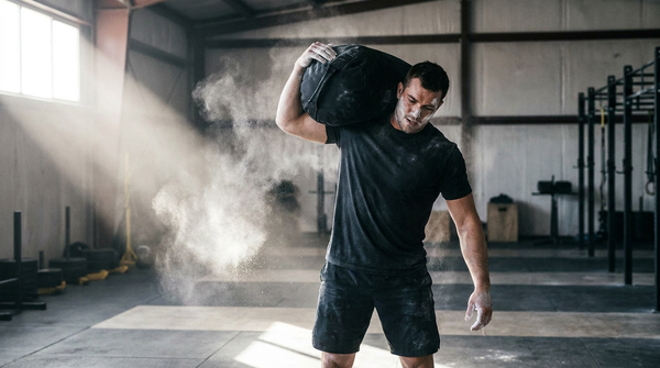 Athlete shouldering a heavy training sandbag in a gym