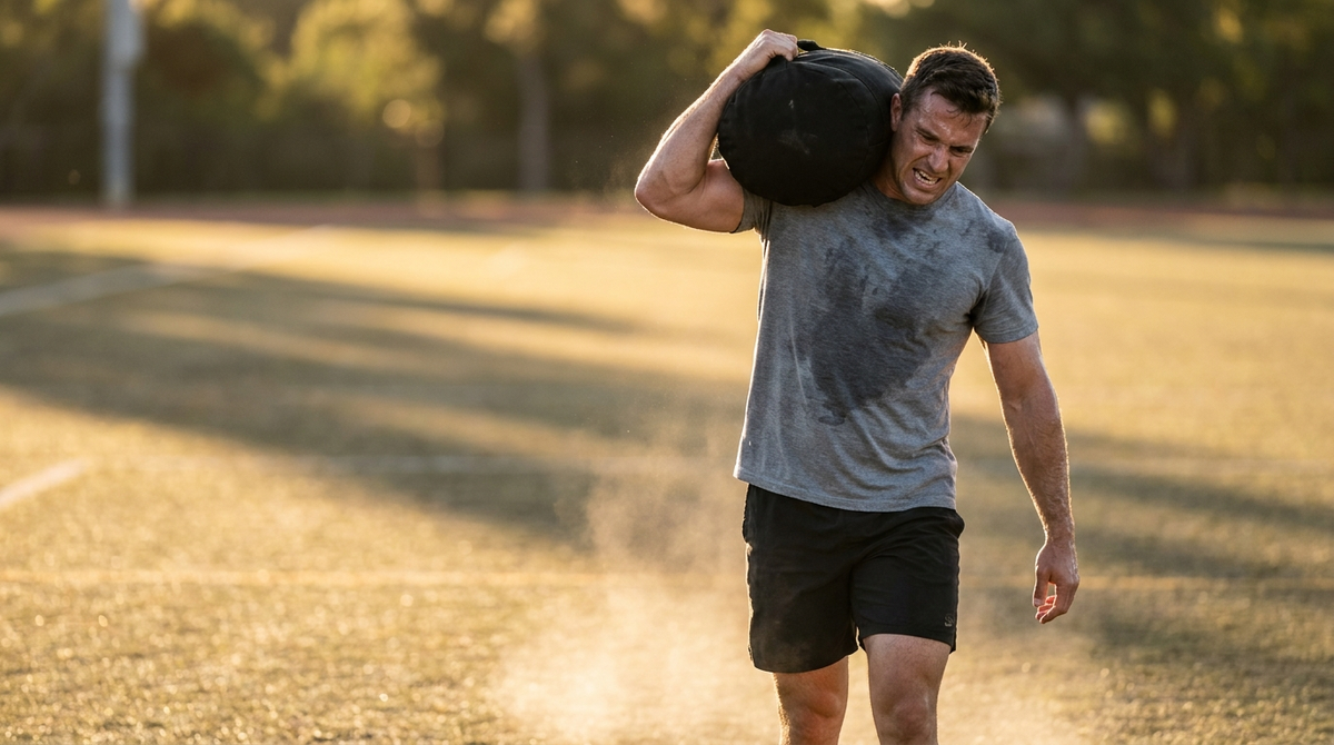 Athlete carrying a training sandbag on one shoulder across a turf field