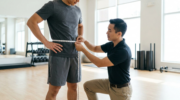 Trainer measuring an athlete's waist with a tape measure during a fitness assessment