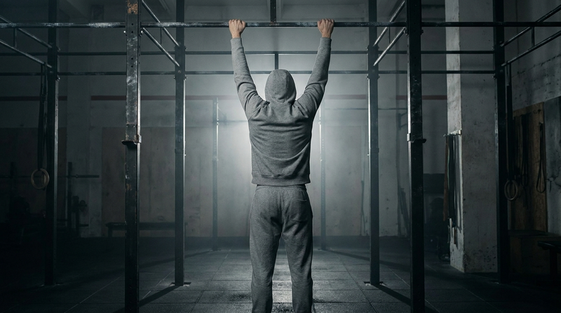 Athlete performing a dead hang from a pull-up bar in a dark gym