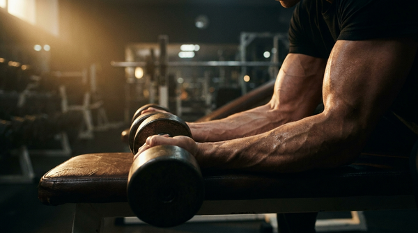 Lifter performing dumbbell wrist curls over a bench in a dark gym