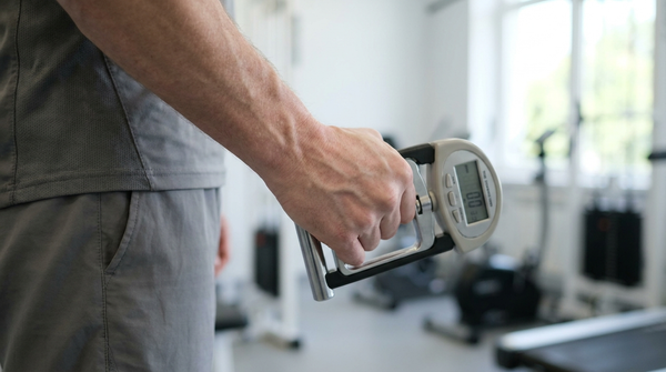 Close-up of a hand squeezing a handheld grip dynamometer during a strength test