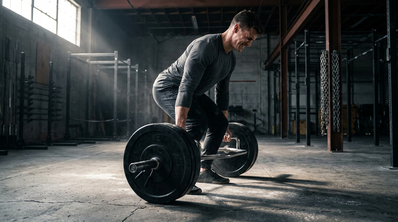 Athlete performing a heavy trap bar deadlift in a gym