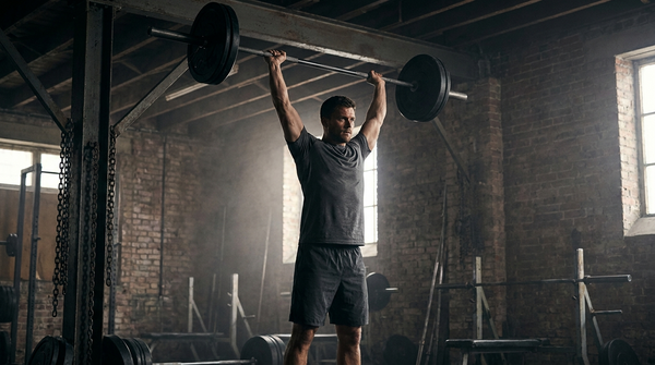 Athlete locking out a strict standing overhead barbell press