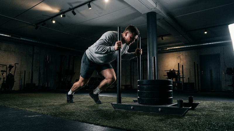 Athlete pushing a weighted sled across gym turf