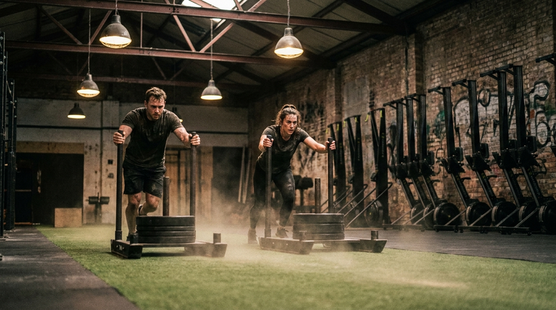 Athletes pushing heavy weighted sleds across a turf lane in a large urban functional fitness gym
