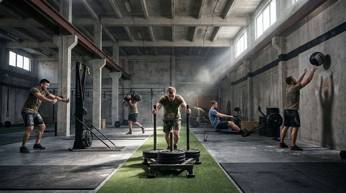 Athletes training across multiple functional fitness stations including sled push, SkiErg, and rowing in a large industrial gym