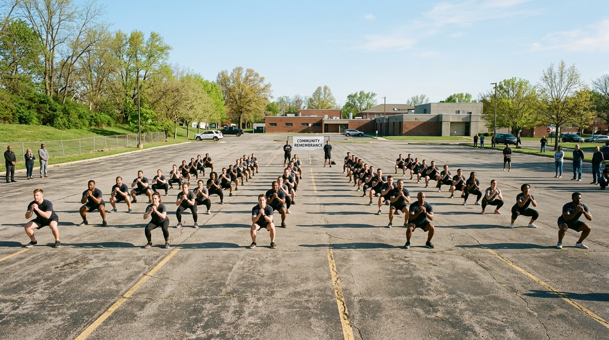 Large group of athletes training together outdoors at a Memorial Day community event