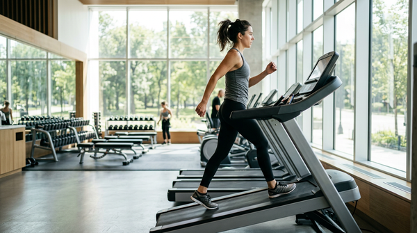 Person walking at a steep incline on a treadmill in a bright modern gym