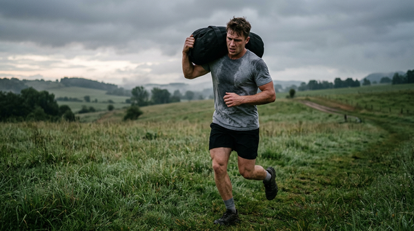 Athlete carrying a heavy training sandbag across a field at dawn