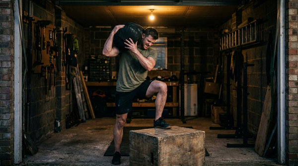 Athlete stepping onto a wooden plyo box with a sandbag in a garage gym