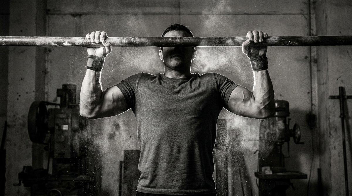 Athlete performing a strict pull-up on a steel bar in a dim gym
