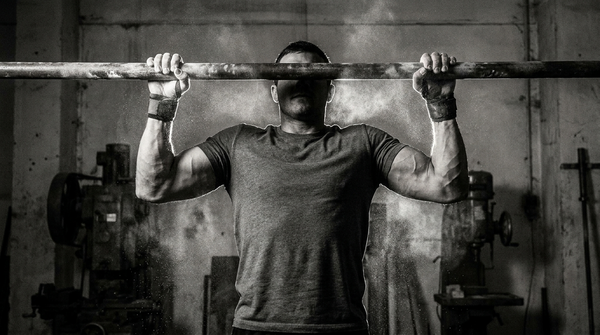 Athlete performing a strict pull-up on a steel bar in a dim gym