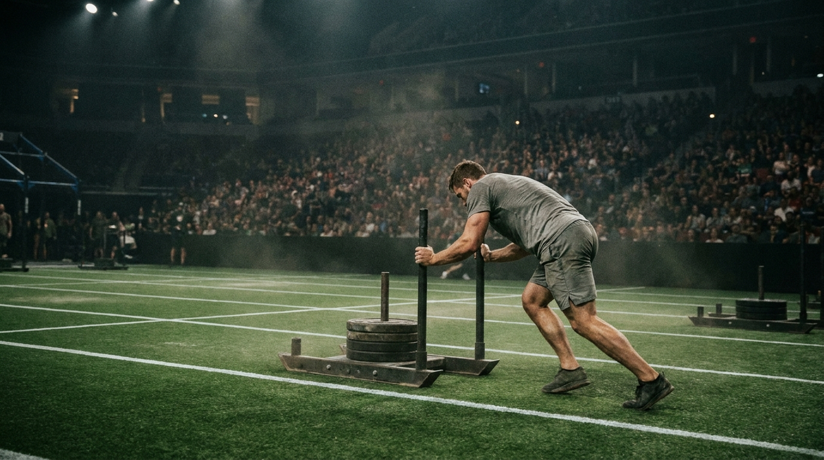 Athlete pushing a weighted sled down a turf lane at an indoor fitness race