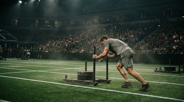Athlete pushing a weighted sled down a turf lane at an indoor fitness race