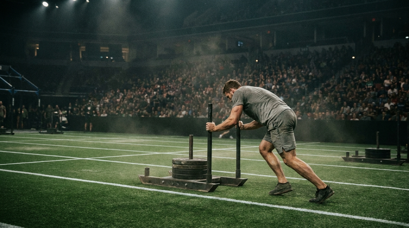 Athlete pushing a weighted sled down a turf lane at an indoor fitness race