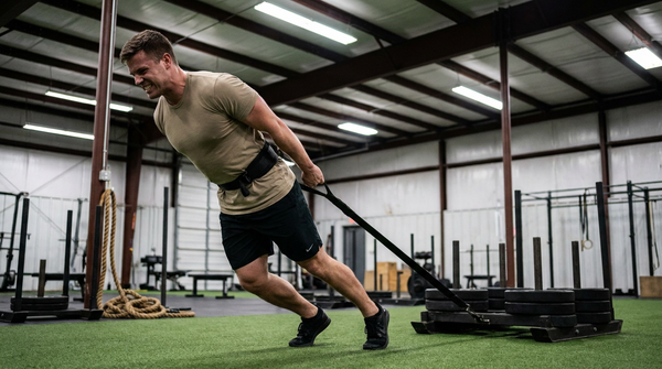 Athlete dragging a weighted sled backward across turf in a training facility
