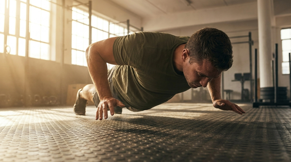 Athlete at the bottom of a push-up with chest on the floor and hands lifted