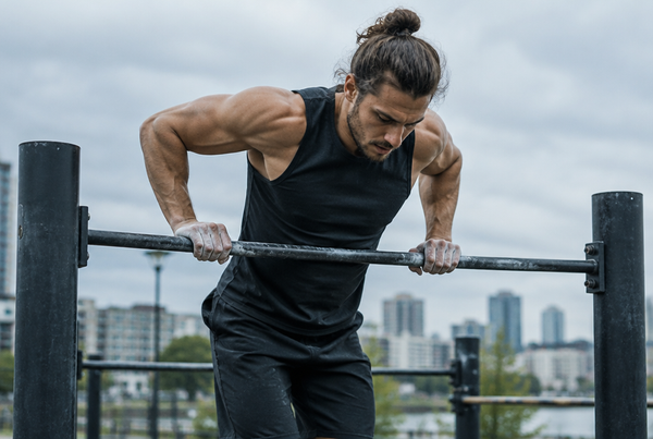 Athlete in the top support position of a bar muscle-up on an outdoor bar