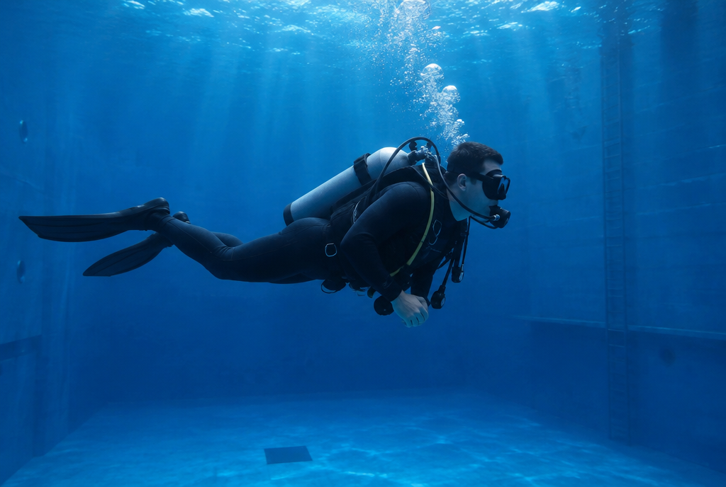 Diver in a black wetsuit and scuba rig swimming through a deep training pool