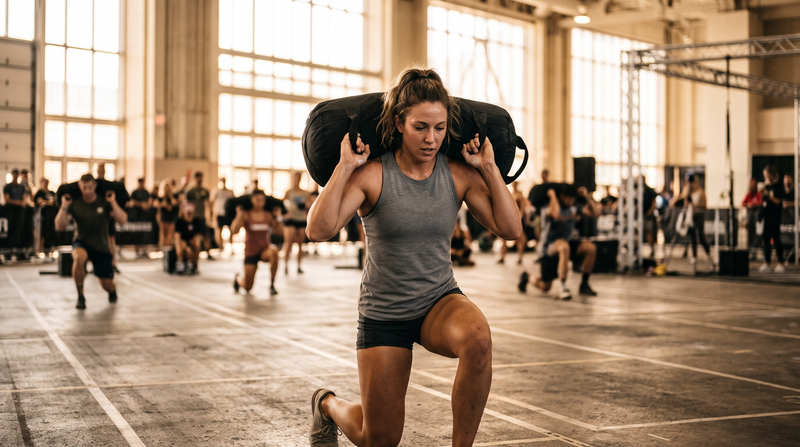 Athlete doing sandbag walking lunges in a bright convention hall race