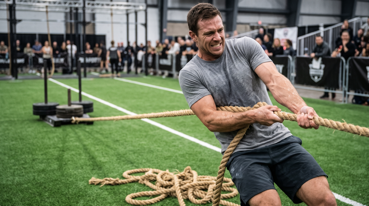 Athlete pulling a sled with a rope hand over hand on turf at an indoor fitness race
