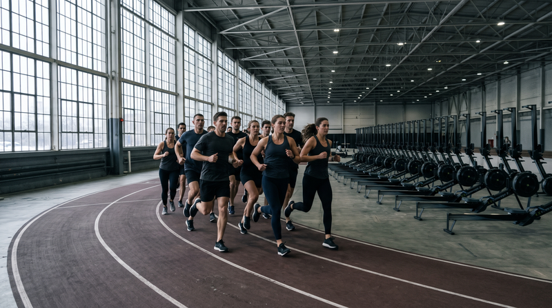 Pack of athletes running an indoor track past ski machines in winter light