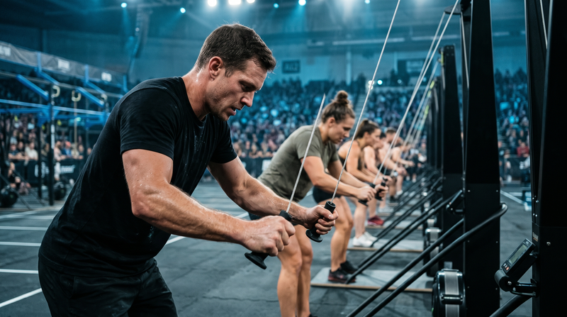 Athletes pulling on ski machines in a row at an indoor fitness race