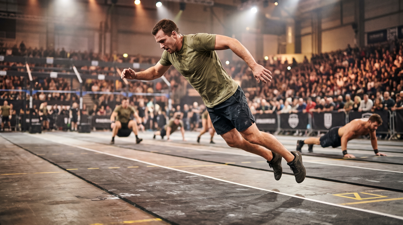 Athlete mid-air during burpee broad jumps at an indoor fitness race