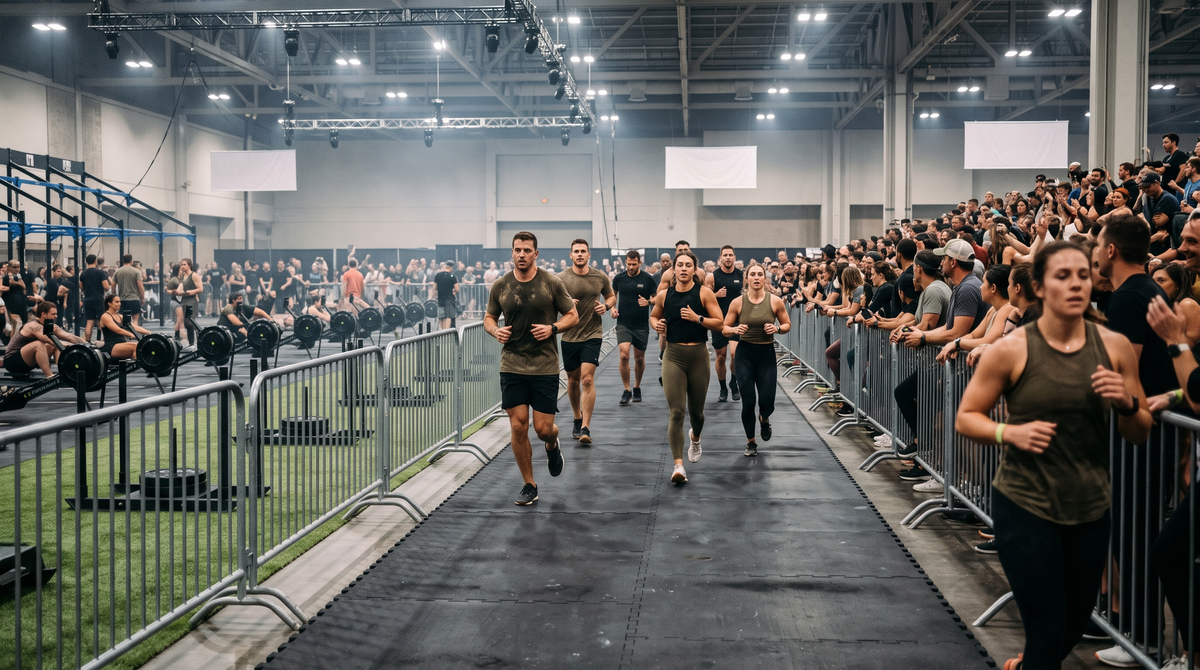 Athletes jogging through the transition area between the track and the stations