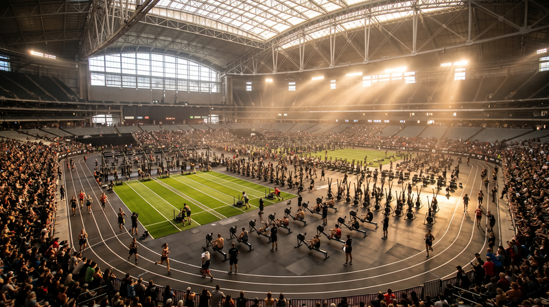 Fitness race set up on the floor of a large domed stadium