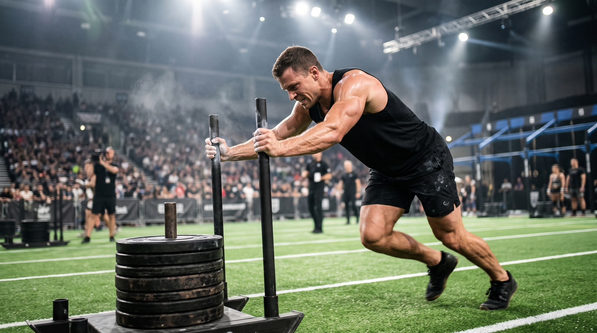 Athlete pushing a heavily loaded sled on turf in a race arena