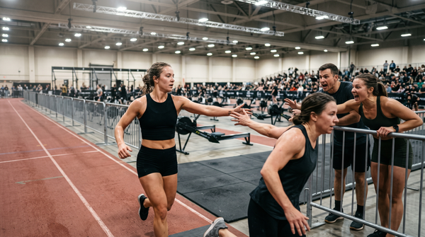 Relay racer high-fiving a teammate in the transition zone