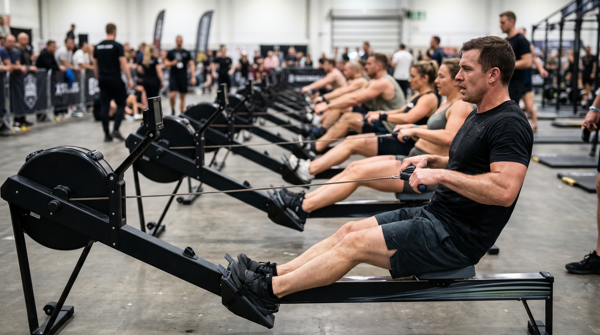 Athlete at the finish of a stroke on an indoor rower in a row of rowers