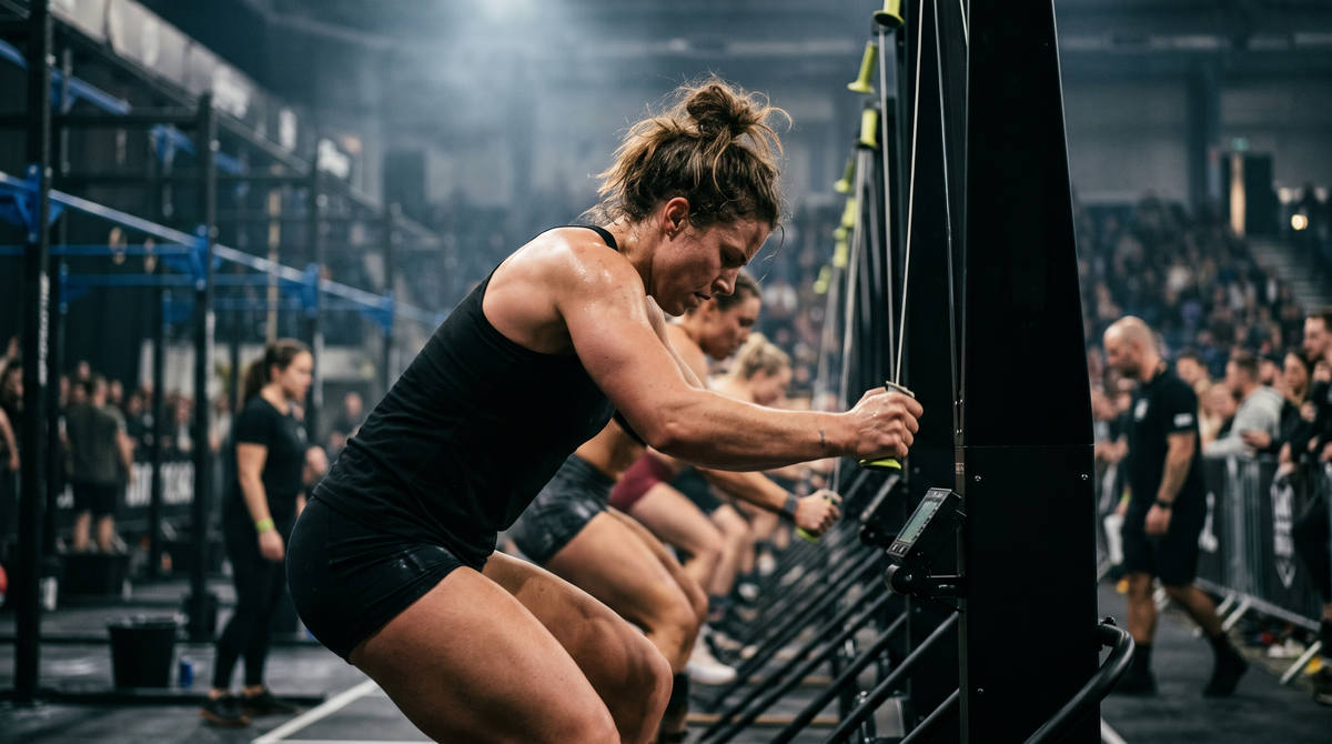 Athlete pulling down on a ski machine at an indoor fitness race