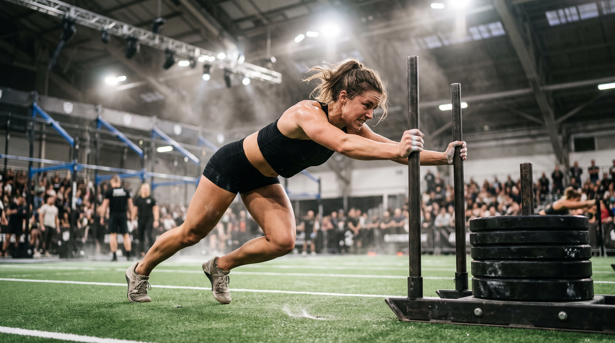 Athlete driving a loaded sled down a turf lane at an indoor fitness race