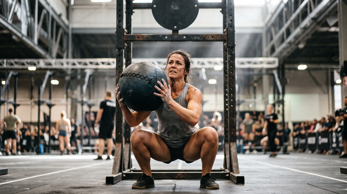Athlete catching a wall ball in a deep squat under the target