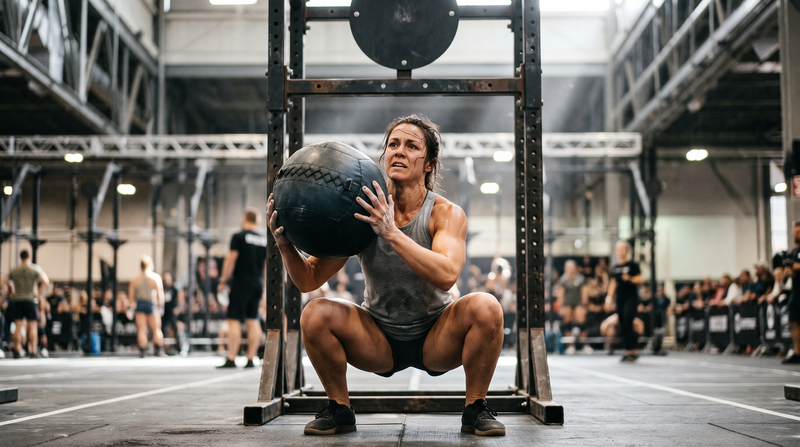 Athlete catching a wall ball in a deep squat under the target
