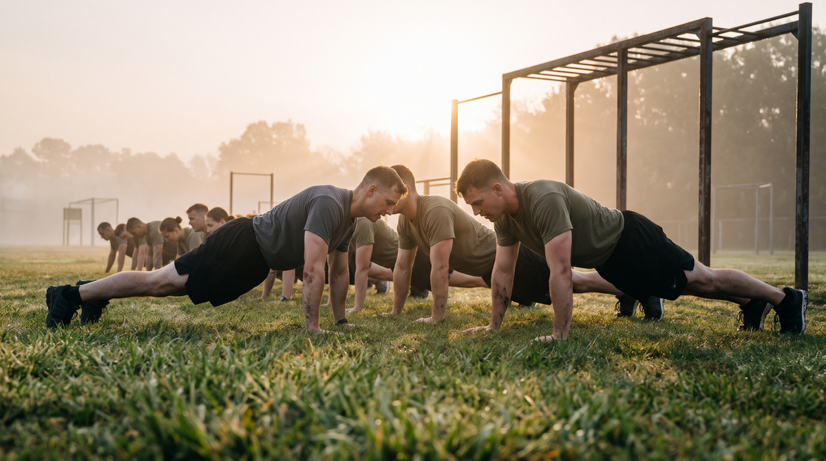 Line of people doing push-ups on a misty field at sunrise beside a pull-up rig