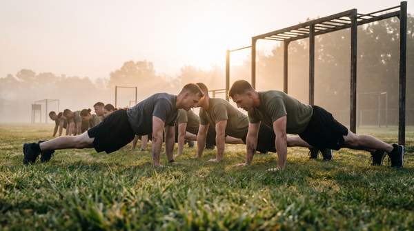 Line of people doing push-ups on a misty field at sunrise beside a pull-up rig