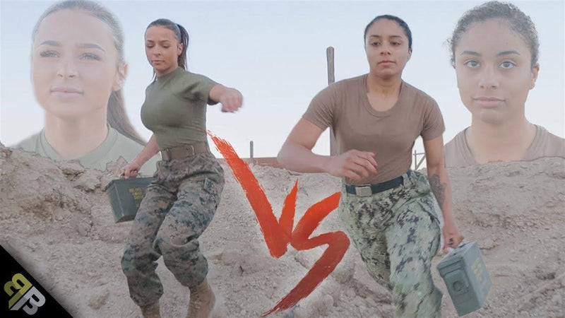 Two female soldiers in battle bunker attire running with ammo boxes in a desert setting, vs logo between