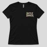 Slave to Comfort Tee front: small Battle Bunker blackletter left chest print on a black Next Level 6210 tee