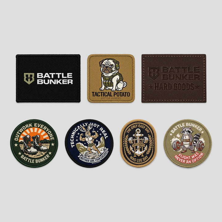 All 7 Battle Bunker patches shown to scale on gray