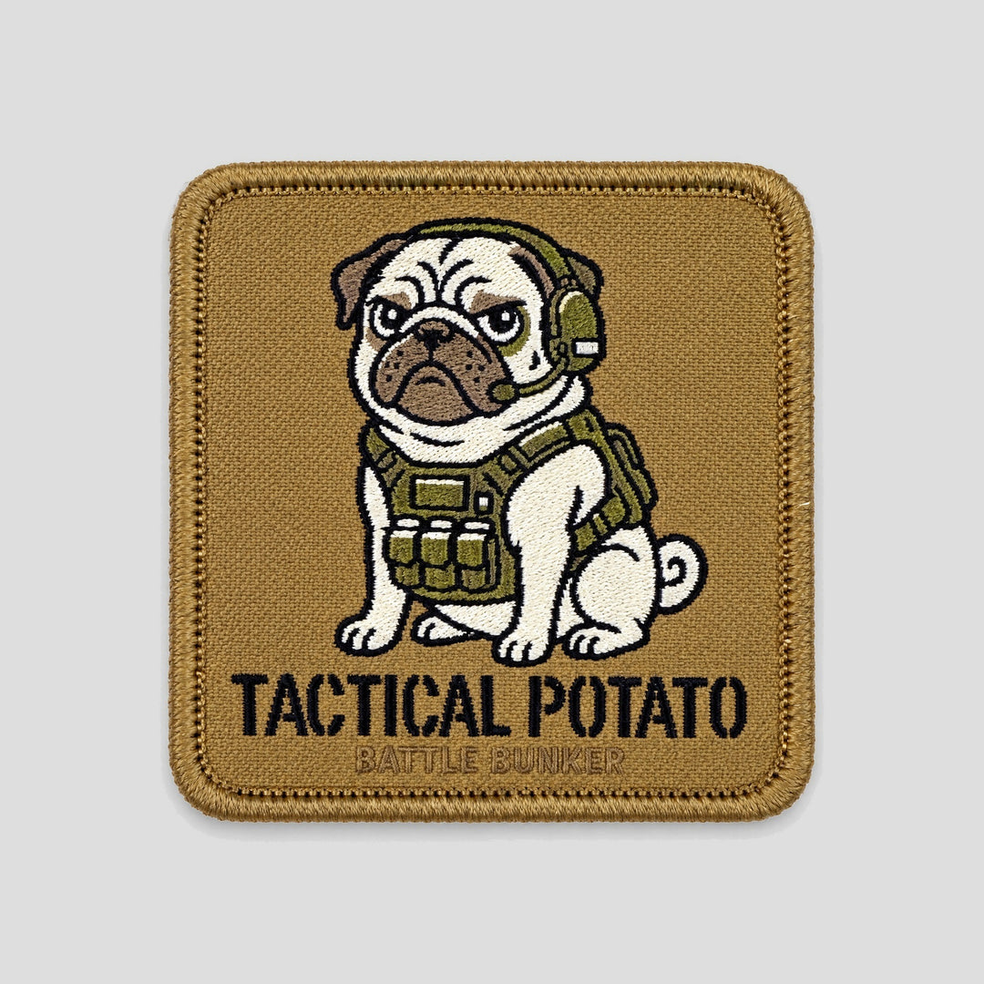 Tactical Potato Patch, coyote square patch with pug in plate carrier and headset
