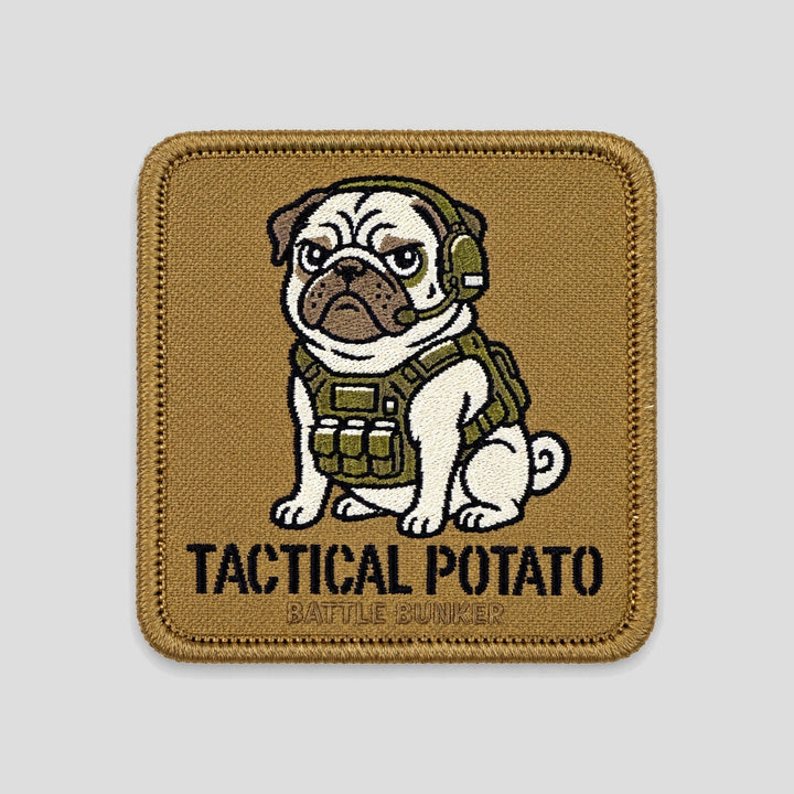 Tactical Potato Patch, coyote square patch with pug in plate carrier and headset